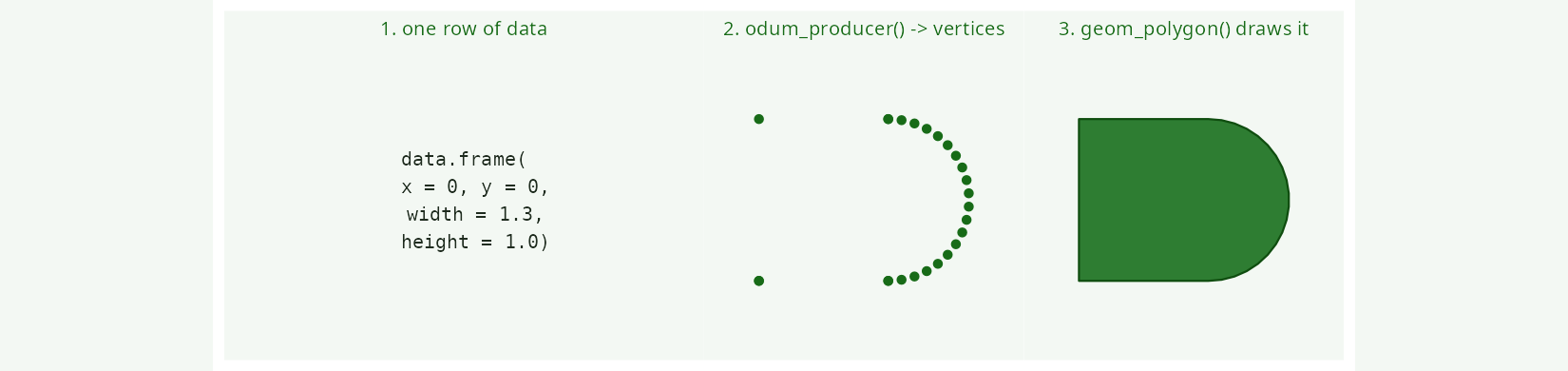 Grammar: one row of data → odum_producer() returns vertices → geom_polygon() draws the shape